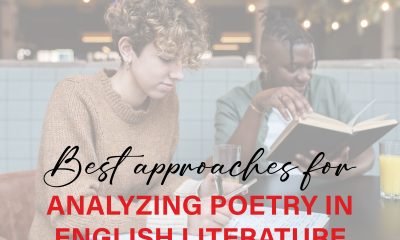 Open poetry book with highlighted verses and notes for analyzing tone, structure, and symbolism