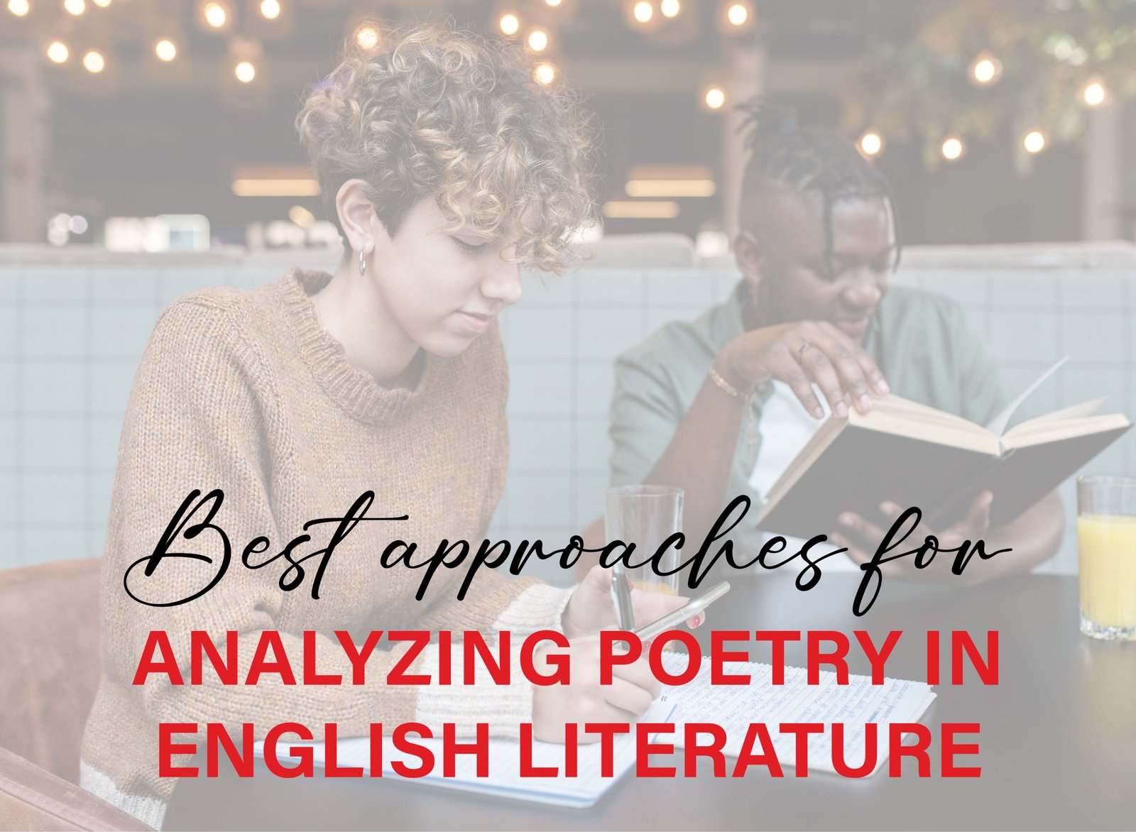 Open poetry book with highlighted verses and notes for analyzing tone, structure, and symbolism