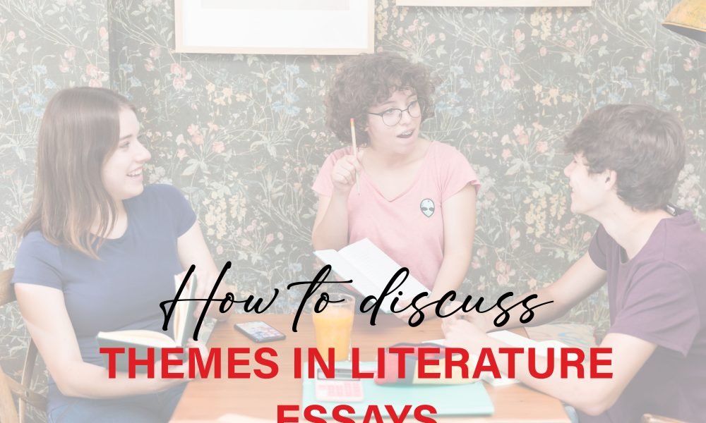 Student writing a literature essay with books and notes analyzing themes like love, power, and identity