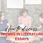 Student writing a literature essay with books and notes analyzing themes like love, power, and identity