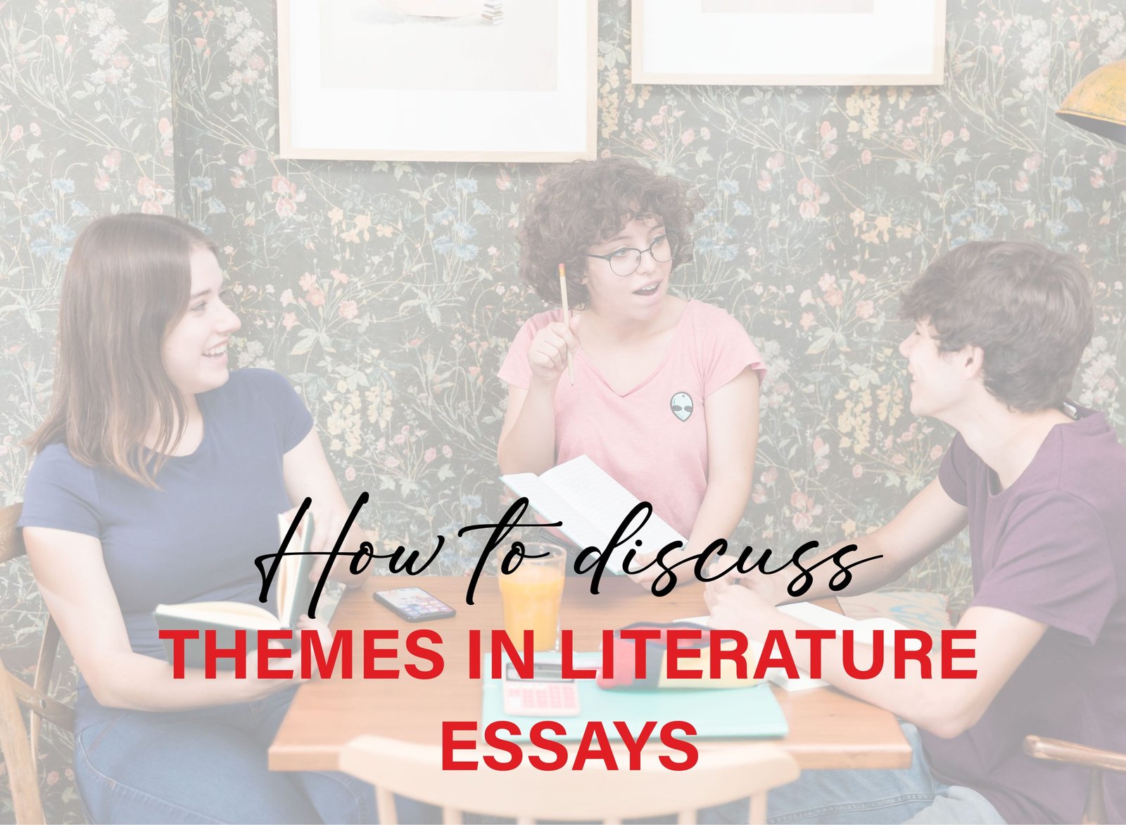 Student writing a literature essay with books and notes analyzing themes like love, power, and identity