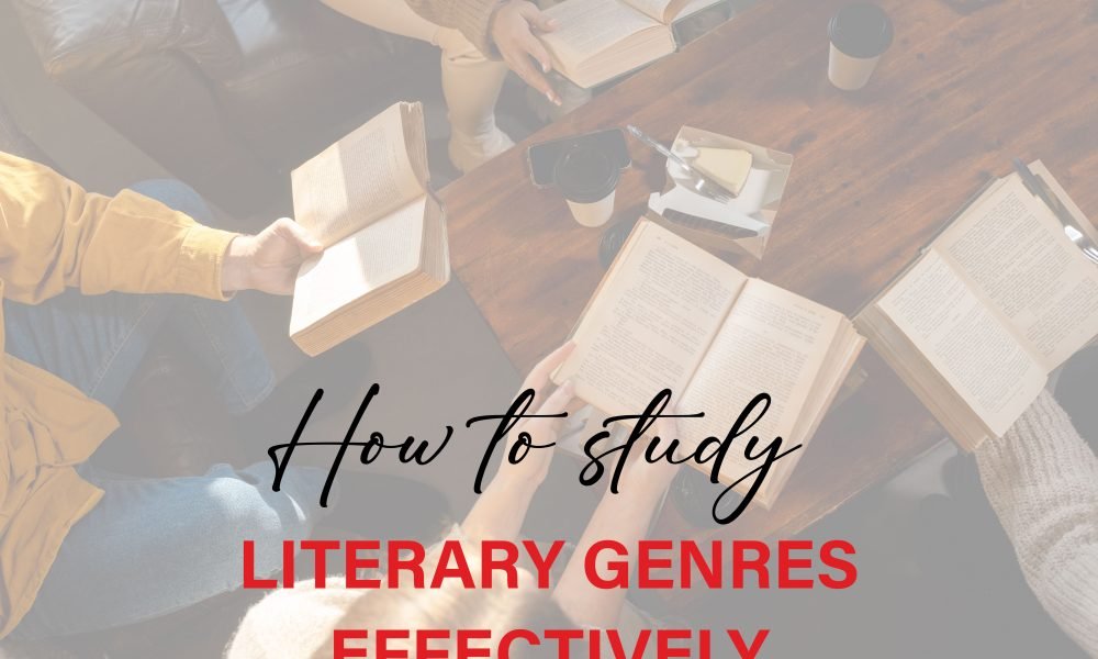 Stack of books labeled fiction, poetry, drama, and nonfiction symbolizing different literary genres